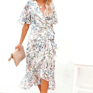 Floral Print Wrap Asymmetrical Ruffle Trim Dress. NWOT